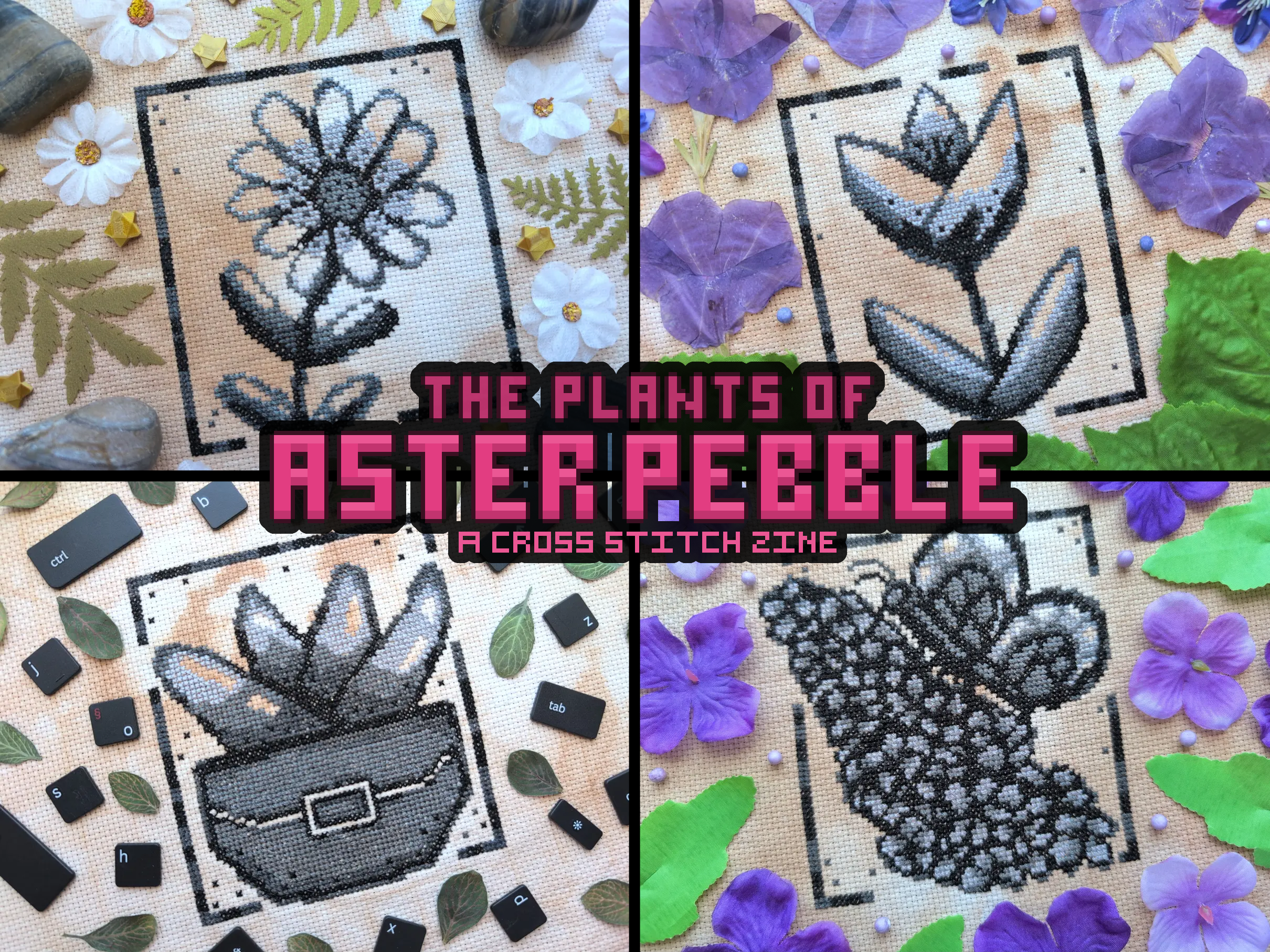 A grid of four images. Each image is of a different plant cross stitch stitched in greyscale. The first is a plant resembling a sunflower. The second is a plant resembling a tulip. The third is a potted succulent. The fourth is a cluster flower plant with a butterfly perched on it.