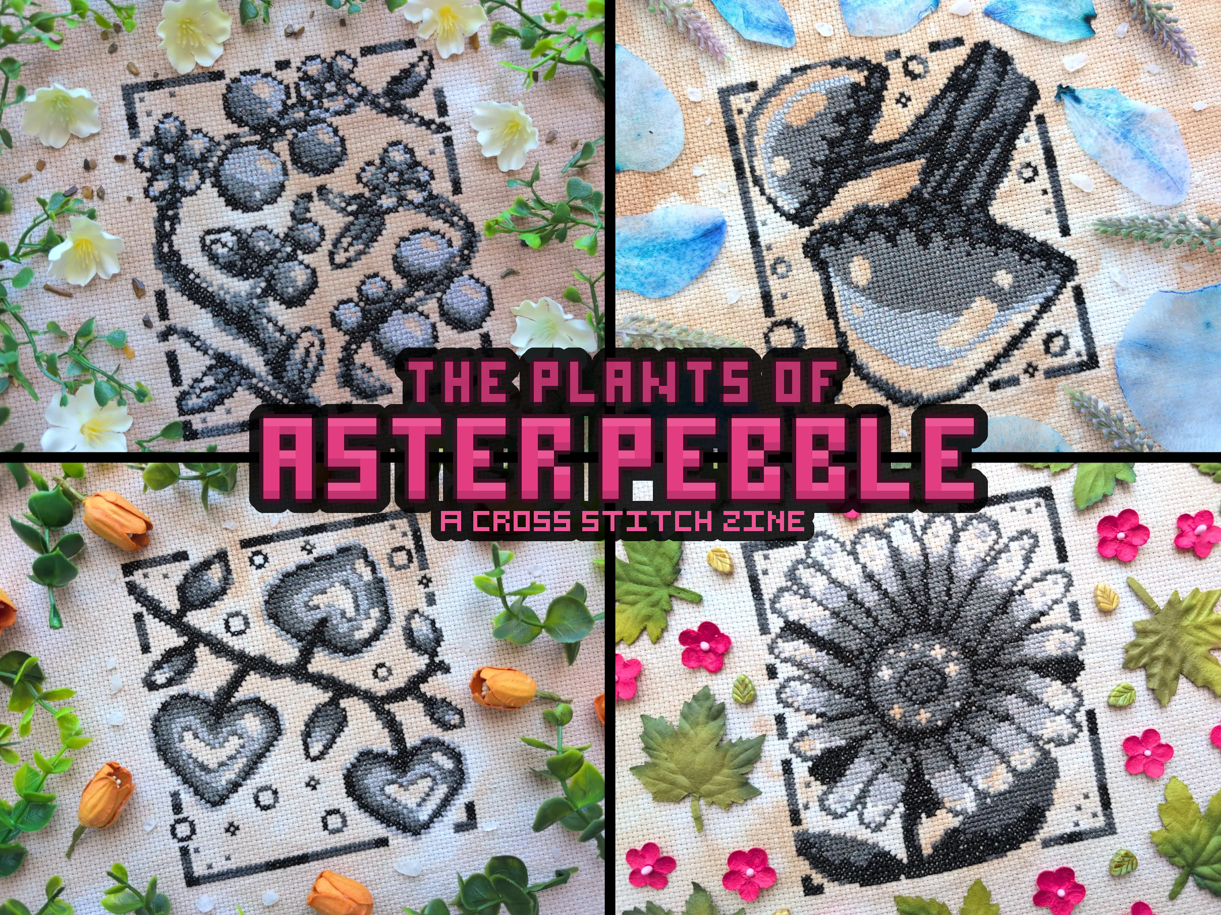 A grid of four images. Each image is of a different plant cross stitch stitched in greyscale. The first is  a creeping tomato plant. The second is glowing mushrooms. The third is a heart shaped plant on a vine. The fourth is a plant resembling an aster flower.