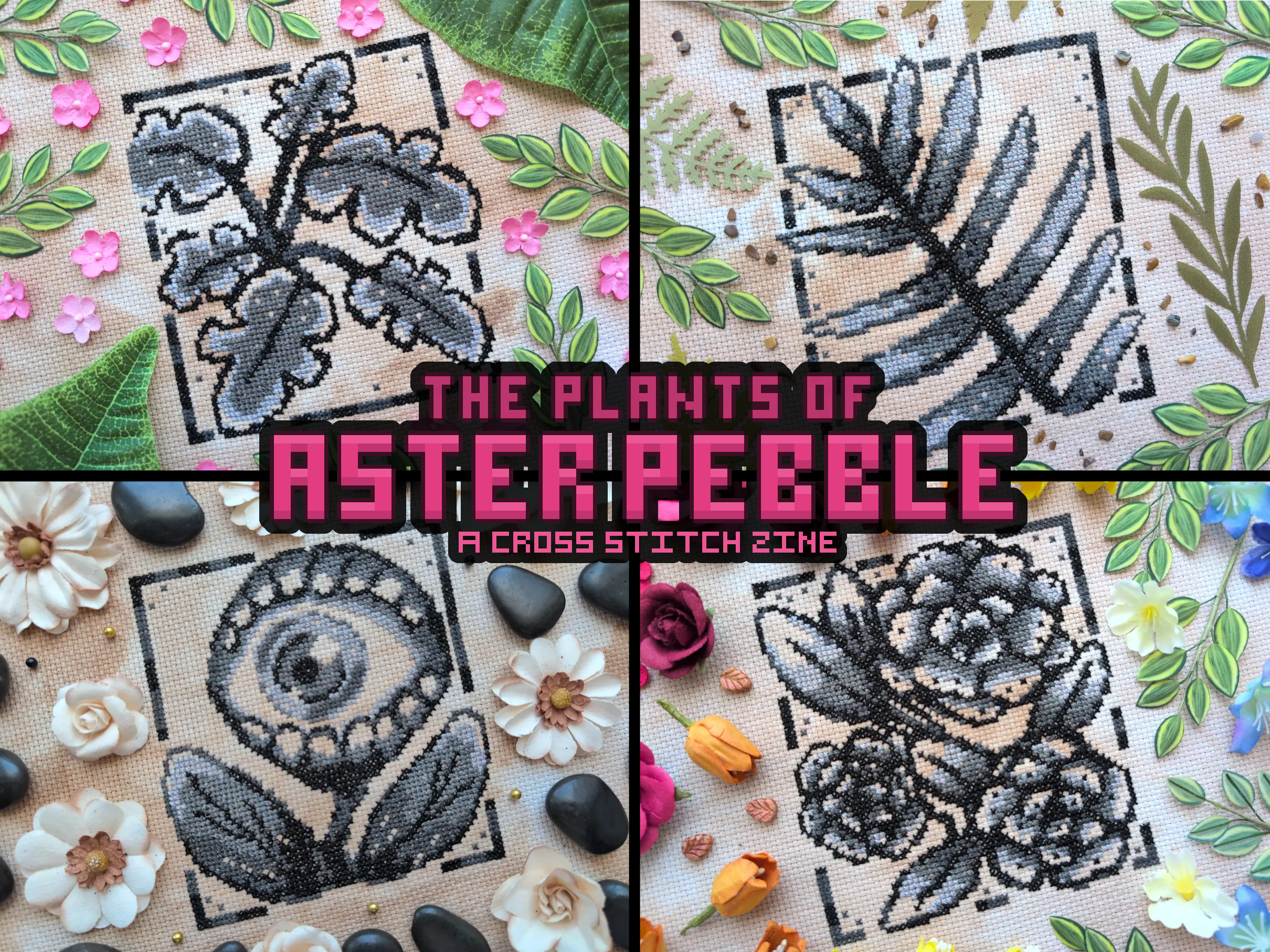 A grid of four images. Each image is of a different plant cross stitch stitched in greyscale. The first is a plant resembling a monstera. The second is a plant resembling a fern frond. The third is a plant that has a giant eyeball. The fourth is a plant resembling roses.